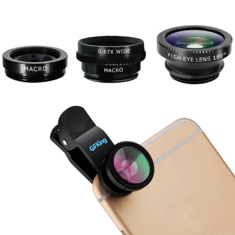 iPhone Lens,by GFKing®,3 in 1 Clip On 180 Degree Fish Eye Lens 0.67X Wide Angle 10X Macro Lens,Universal HD Camera Lens Kit for iPhone 6s/6s Plus/6/SE/5/5s,Samsung,Blackberry,Mobile Phone