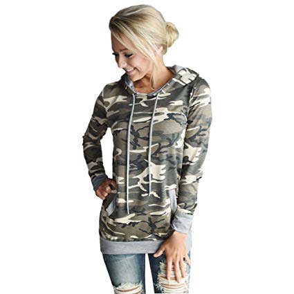 YANG-YI Womens Camouflage Printing Pocket Hoodie Sweatshirt Hooded Pullover Tops O-Neck Blouse