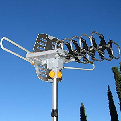 Able Signal Amplified HD Digital Outdoor HDTV Antenna 150 Miles Range with Motorized 360 Degree Rotation, UHF/VHF/FM Radio with Infrared Remote Control (Antenna with telescoping pole)