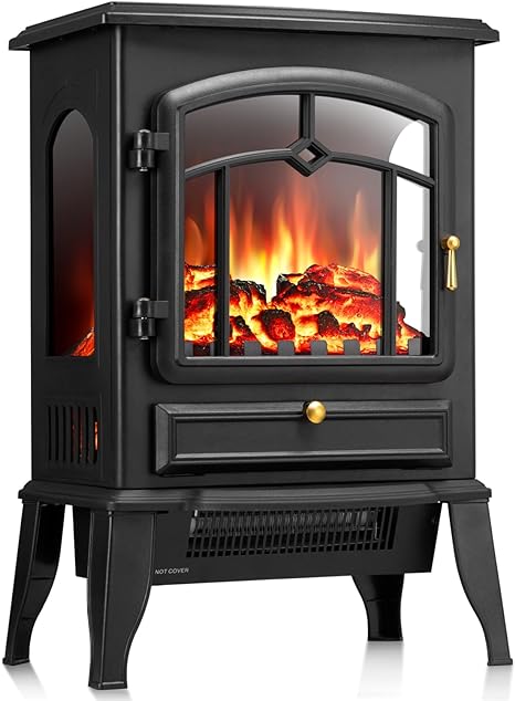 R.W.FLAME Electric Fireplace Stove Heater with Thermostat Control, 15" Cathedral Stylish Small Fireplace Heater, 3D Realistic Flame Effects, Adjustable Heating Mode, Overheating Safe Design,Black