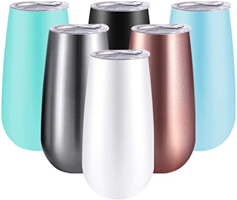 Deitybless 6 Pack Double-insulated Stemless Champagne Flutes 6oz Wine Tumbler with Lids, Unbreakable Cocktail Cups for Wine, Cocktails, Ice Cream, Champagne Toasting Glasses(Assorted Colors)