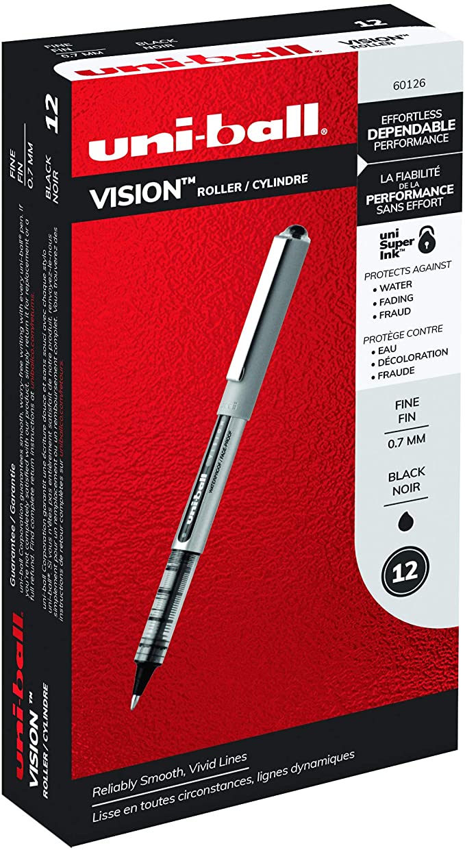 uni-ball VISION Rollerball, Stick Roller Ball Pen Fine-0.7mm, 12 Pack, Black Ink (60126)
