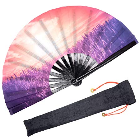 OMyTea Large Rave Folding Hand Fan for Men/Women - Chinese/Japanese Kung Fu Tai Chi Handheld Fan with Fabric Case - for Performance/Wall Decorations/Dancing/Festival/Gift (Provence)