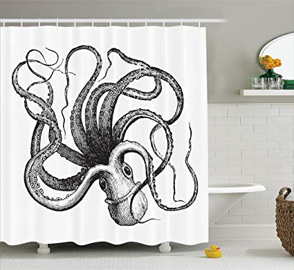 Ambesonne Nautical Decorations Collection, Sealife Sea Monster Octopus Kraken with Tentacles, Polyester Fabric Bathroom Shower Curtain Set with Hooks, Black and White