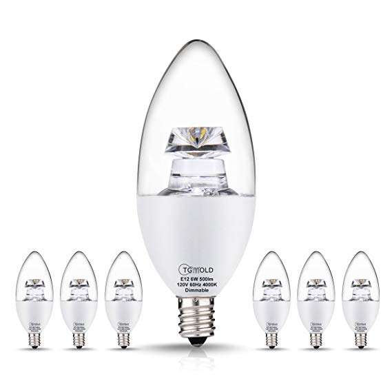 TGMOLD LED Candelabra Bulb, 60W Equivalent Candle Light (6W), Daylight White 4000K, Dimmable E12 Candelabra Base LED, 500LM, 120 Degree Beam Angles, Decorative Chandelier Lighting for Home - 6 PACK