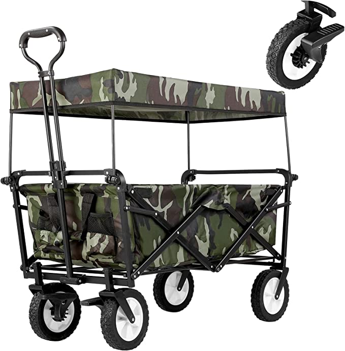 GARTIO Collapsible Folding Utility Brake Wagon, Heavy Duty Portable Canopy Cart with Adjustable Handle, 8’’Rubber Wide Wheel, 2 Drink Holder, for Outdoor Garden, Beach, Camping, Shopping, Sport, Park
