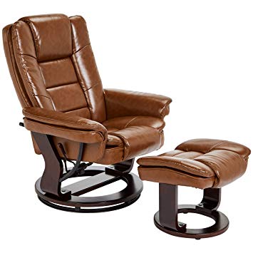 JC Home Argus Ultra-Plush Bonded Leather Swiveling Recliner with Mahogany Wood Base and Matching Ottoman, Cinnamon Spice