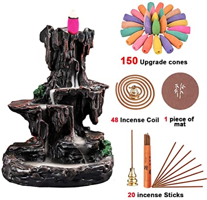 Rongyuxuan Backflow Incense Holder Waterfall Incense Burner, Mountain Tower Censer Aromatherapy Ornament Home Decor with 150 Backflow Incense Cones,48 Incense Coils,30 Incense Sticks,Mat