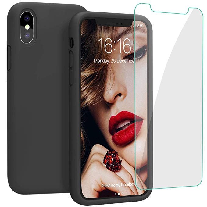 JASBON Case for iPhone Xs Max,iPhone Xs Max 6.5 Case,Liquid Silicone Phone Case with Free Screen Protector Gel Rubber Shockproof Cover Full Protective Case for iPhone Xs Max OLCD(2018)-Black