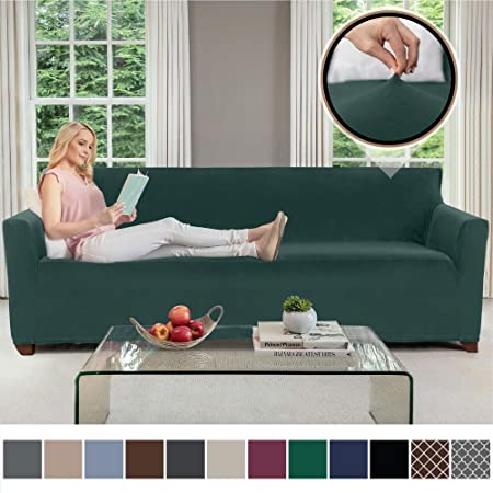 GORILLA GRIP Original Fitted Velvet 1 Piece X-Large Oversized Sofa Protector, Seat Width to 78 Inch, Stretch Furniture Slipcover, Fastener Straps, Spandex Couch Slip Cover for Pets, Sofa, Hunter Green