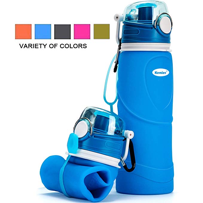 Kemier Collapsible Silicone Water Bottles-750ML,Medical Grade,BPA Free,FDA Approved.Can Roll Up,26oz,Leak Proof Foldable Sports & Outdoor Water Bottles