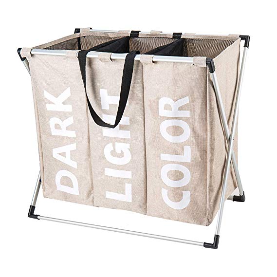 Hosroome 3 Sections Laundry Hamper Laundry Baskets with Aluminum Frame (24.5"x 15"x 23") Dirty Clothes Bag for Bathroom Bedroom Home College Use,Beige