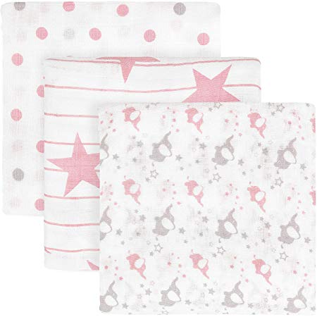 TILLYOU Muslin Swaddle Blankets Set for Girls 3-Pack, 100% Soft Bamboo Cotton Receiving Blankets, Lightweight Stroller Crib Blanket for Infant Newborn Babies, Pink Elephants/Stars/Polka Dots, 47x47