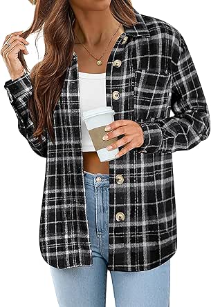 Zeagoo Women Flannel Shacket Jacket Plaid Button Down Long Sleeve Shirt Fall Outfits 2024