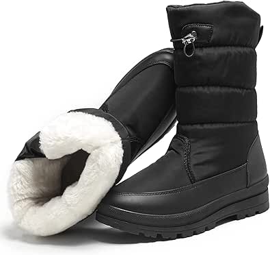 HYPOCRUTE Women's Warm Snow Boots with Fur Lined Black and White Wide Winter Boots Water-resistant Mid Calf Boots for Hiking,Working,Outdoors