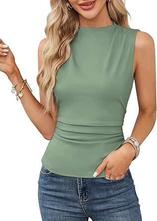 GRACE KARIN Women's Summer Tops Mock Neck Sleeveless Shirts Side Ruched Going Out Slim Fitted Crop Basic Tank Tops