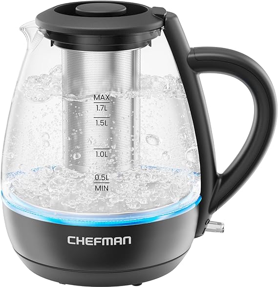 Chefman Electric Kettle with Tea Infuser, 1.7L 1500W, Removable Lid for Easy Cleaning, Boil-Dry Protection, Stainless Steel Filter, BPA Free, Auto Shut Off Hot Water Boiler, Glass Electric Tea Kettle