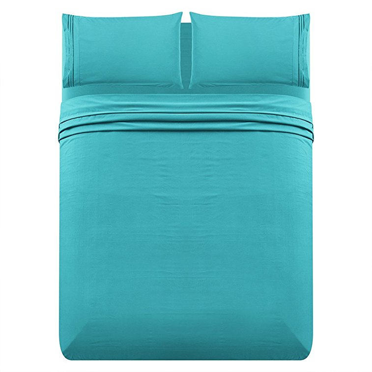 Luxe Manor 3pc Twin Size Bed Sheet Set - Soft Brushed Microfiber Fitted Flat Sheet & Embroidered Pillow Case Set - Deep Pocket Wrinkle Free Hypoallergenic Bedding, Best Christmas Gifts, Teal