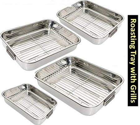 4PC STAINLESS STEEL ROASTING TRAY SET WITH GRILL RACKS
