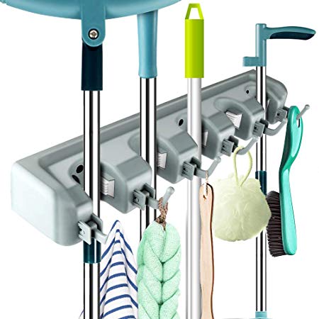 Hootech Plastic Mop and Broom Holder, Multipurpose Wall Mounted Organizer Storage Hooks, Ideal Broom Hanger for Kitchen Garden and Garage (5 Position 6 Hooks)