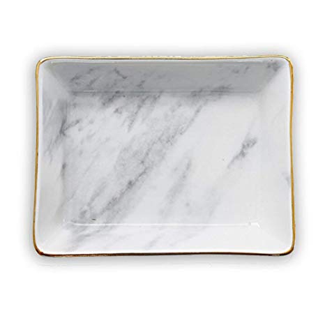 Marble Ceramic Jewelry Tray Ring Dish Ring Holder Display Organizer with Golden Edged Wedding Valentine's Day Housewarming Gift (Grey (Small))