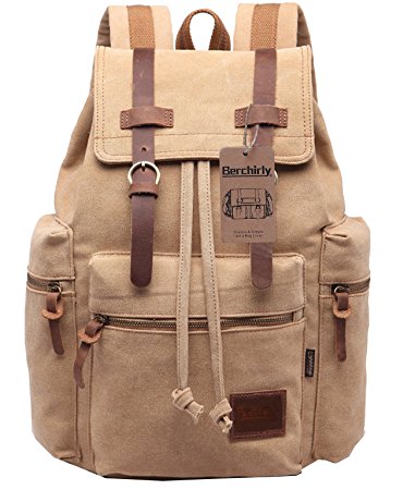 Berchirly Vintage Men Casual Canvas Leather Backpack Rucksack Bookbag Satchel Hiking Bag