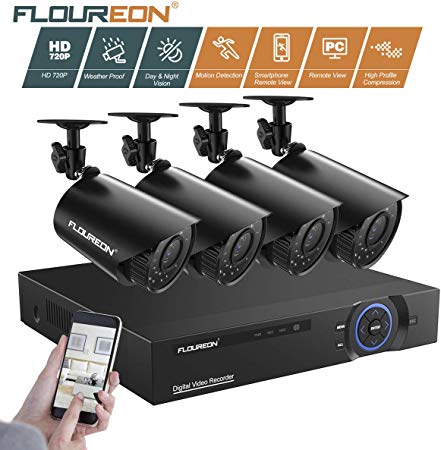 FLOUREON 8CH Security Camera System Outdoor 720P 4PCS HD-AHD Camera 5 in 1 Digital Video DVR CCTV Recorder Support up to 6TB HDD (HDD Not Included)