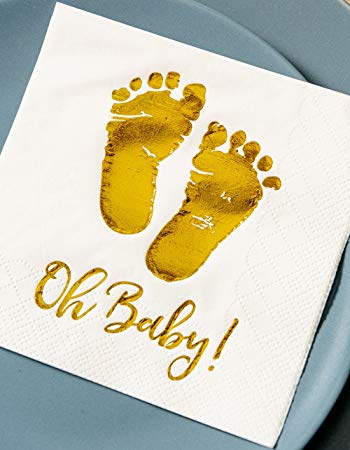 Crisky 100 Pcs Baby Shower Napkins Oh Baby ! Beverage Napkins 3-Ply Gold Foil Feet Cocktail Napkins for Boy and Girl Baby Shower Decor