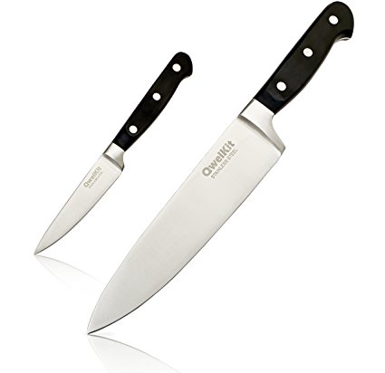 QWELKIT Classic 8 inch Pro Chef's Knife with FREE Matching 4 inch Paring Knife - Perfectly Balanced Kitchen Knife Set with A Full-Tang High Carbon Stainless Steel Blade (Large Hand Grip)