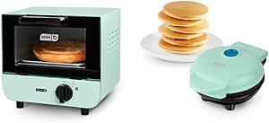 DASH Mini Toaster Oven Cooker for Bread, Bagels, Cookies, Pizza, Rack & Mini Maker Electric Round Griddle for Individual Pancakes, Cookies, Eggs & other on the go Breakfast, Lunch & Snacks,4 Inch