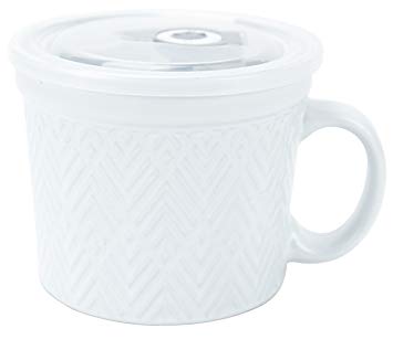 Boston Warehouse 24-Ounce Souper Bowl White Embossed Stoneware Mug with Date Dial Vented Lid