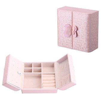 Ysiop PU Leather Jewelry Accessories Box Mini Travel Jewellery Case Large Capacity Double Door Magnetic Catch Cosmetic Makeup Collection Holder Gift Box Pink