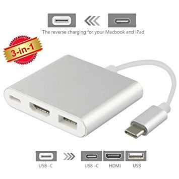 USB-C To HDMI Adapter, ProCIV Type-C 3 in 1 USB 3.1 USB-C to USB 3.0/4K x 2K HDMI/ Type C Female Charger Adapter for 2015 Macbook 12in, Google Chromebook Pixel and other Type C devices (Silver)