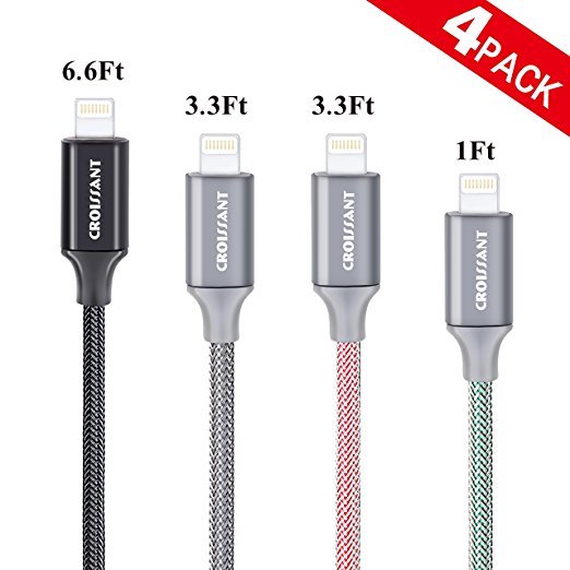 CROISSANT Lightning Cable,4Pack Assorted Lengths(1x1ft,2x3.3ft,1x6.6ft),Nylon Braided Lightning to USB Cable,Durable and Fast Charging Cord for iPhone 8,8 Plus,7,7 Plus,6s,6s Plus,6,6 Plus,SE,5s,5c,