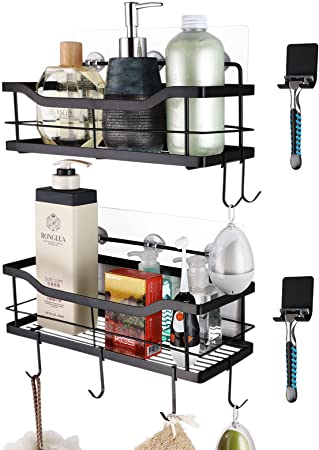 Carwiner Shower Caddy Bathroom Shelf 2-Pack, Basket with 8 Hooks for Hanging Shampoo Conditioner, SUS304 Stainless Steel Rack Wall Mounted Storage Organizer for Kitchen, No Drilling (Black)