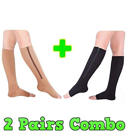 HealthyNees 2 Pairs Combo Zipper Compression Medical Grade Leg Calf Relief Swelling Circulation Support Socks (2XL)