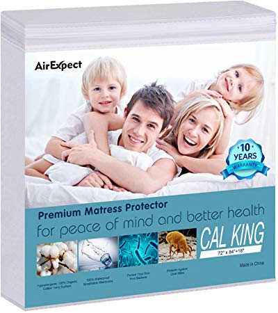 AirExpect Waterproof Mattress Protector Cal King Size 100% Organic Cotton Hypoallergenic Breathable Mattress Pad Cover, 18” Deep Pocket, Vinyl Free - 72” x 84”