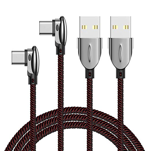 USB C Cable, Pack of 2 Right Angle 90 Degree Phone Charger Mantis Fast Charging Cable with 6 Feet Nylon Braid Cord Exquisite Curved Arc Design Connector Perfect for Playing Games(Type C Red&Black)