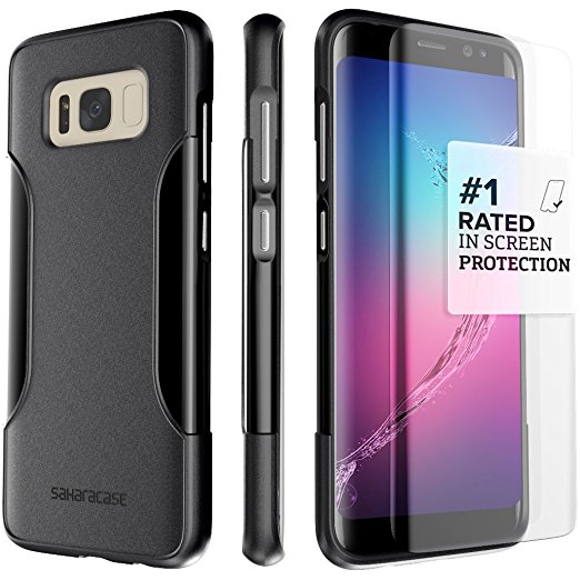 Galaxy S8 Case SaharaCase Protective Kit Bundle with (Curved Tempered Glass Screen Protector) [Hard PC Back] Slim Fit Anti-Slip Grip - Black