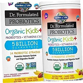 Dr. Formulated Probiotics Organic Kids  Plus Vitamin C & D, Gluten/Dairy & Soy Free, Immune & Digestive Health Supplement, No Added Sugar, Strawberry Banana, 30 Count 2 Pack (Strawberry Banana)