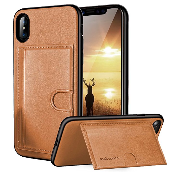 iPhone X Case, ROCK [Cana] Ultra Thin Anti-scratch PU Leather Cover w/Credit Card Slot ID Holder Kickstand Protective Shell Drop Protection Case For Apple iPhone X - Brown