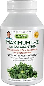 ANDREW LESSMAN Maximum L Z with Astaxanthin 30 Softgels – 12mg Lutein, 6mg Zeaxanthin, 4mg Astaxanthin. Key Nutrients to Support Eye and Brain Health, and Promote Healthy Vision.