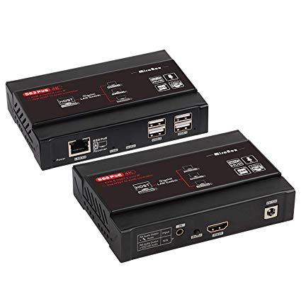 Mirabox 100m 392ft 4K UHD KVM USB HDMI Over IP Cat5e Cat6 Extender Support 802.3af POE, USB2.0 Pass-Through, 4K@30Hz 4:4:4, Latency&lt;50ms, Video Lossless, Transmitter and Receiver