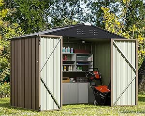 Greesum Outdoor Storage Shed 6 x 8 ft. Utility Tool Shed Metal Storage Garden Shed with Door & Lock for Patio Storage, Brown