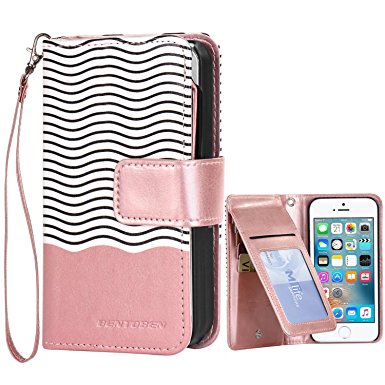 iPhone 5S Case,iPhone SE Case,BENTOBEN Wallet Case Secure Up and Down Flip Design Credit Card Slots Cash Holder Nickel Plated Press Stud Wrist Strap Magnetic Snap Closure[Patented Pattern] Rose Gold