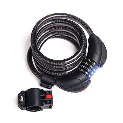 T-TOPER 6.6ft Bright LED Bike Cable Lock with Self Coiling Resettable Digit Combination