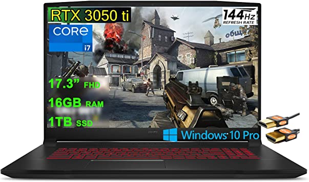 MSI Katana GF76 17 Gaming Laptop 17.3” FHD IPS 144Hz Thin Bezel Display 11th Gen Intel 8-Core i7-11800H 16GB RAM 1TB SSD GeForce RTX 3050 Ti 4GB Backlit USB-C Nahimic Win10Pro Black   HDMI Cable