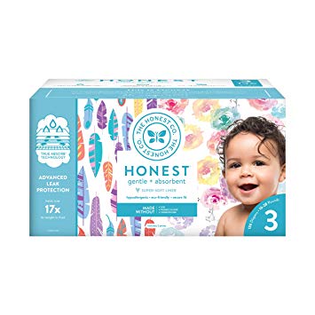 The Honest Company Super Club Box Diapers with TrueAbsorb Technology, Rose Blossom & Painted Feathers, Size 3, 136 Count