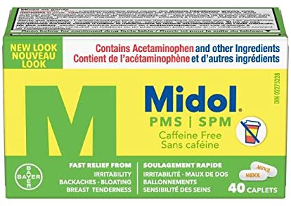 Midol PMS Caffeine-Free Pain Reliever , Fast Relief of Pre-Menstrual Period Symptoms such as Irritability, Bloating, Cramps, Breast tenderness, Backache, Headaches and Muscle Aches (40 Caplets)
