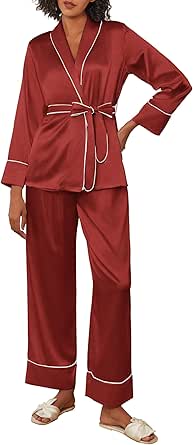 Ekouaer Satin Pajama Set Womens Silk Long Sleeve Top with Pants Soft 2 Pieces Loungewear Pjs Set with Belt